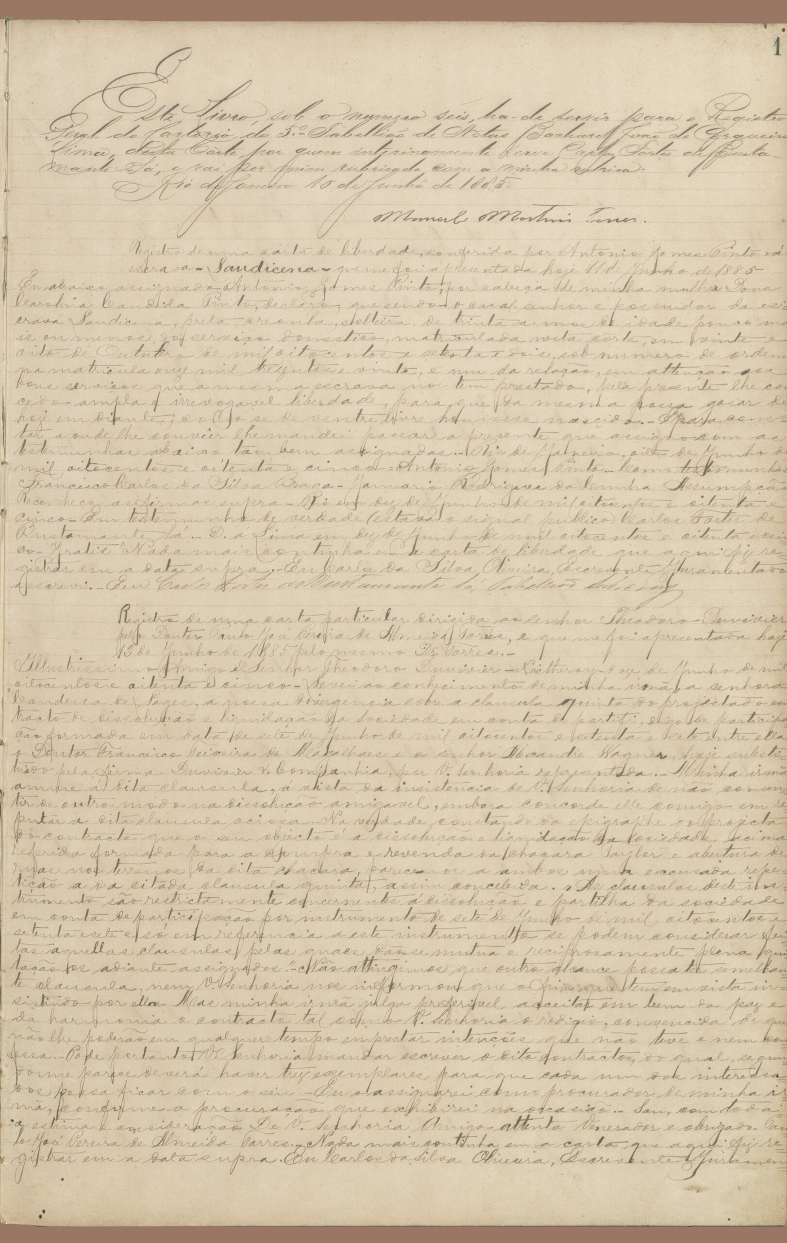 Página 1 do alvará de liberdade, manuscrito histórico.