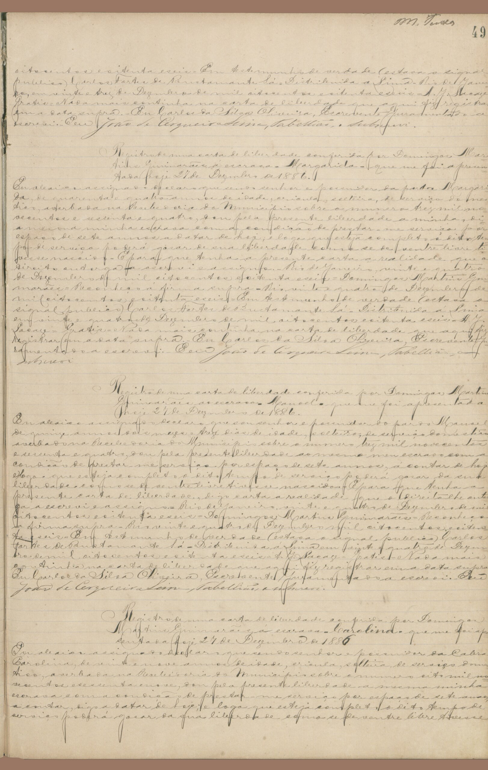 Página 7 do alvará de liberdade, manuscrito histórico.